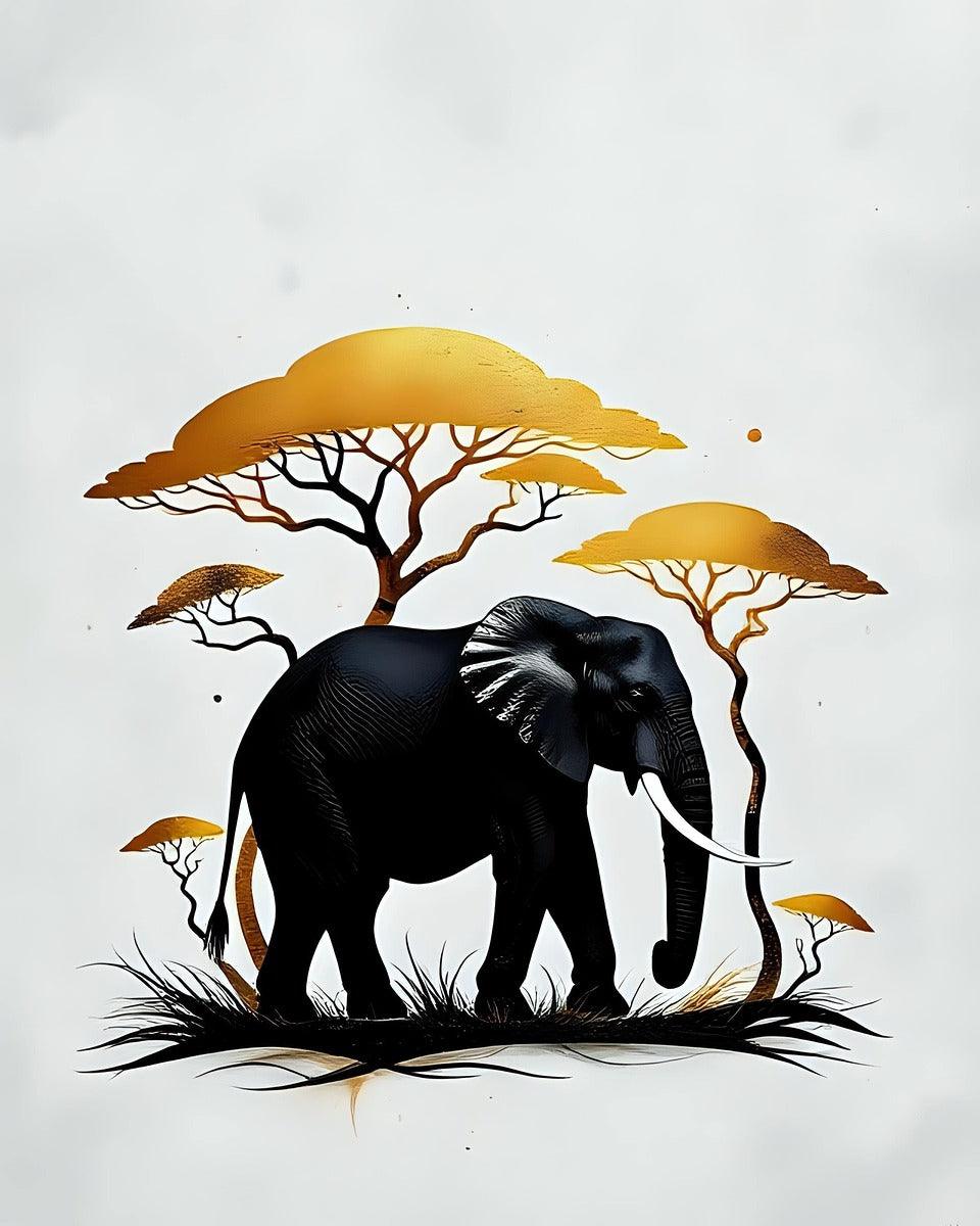 Elephant wildlife wall art with black elephants and golden acacia trees