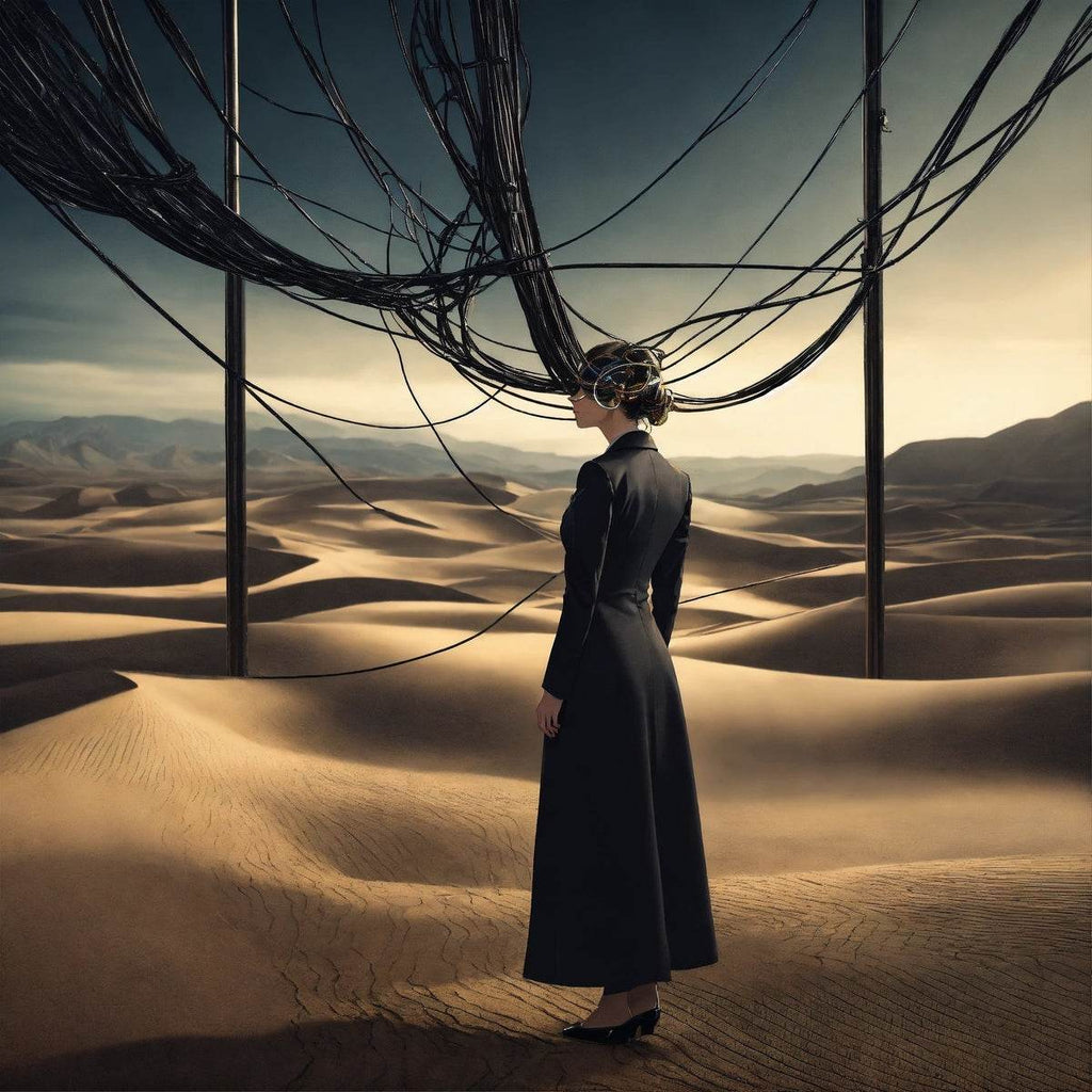 Desert portrait artwork print with a woman in a long dark dress under black wire arches
