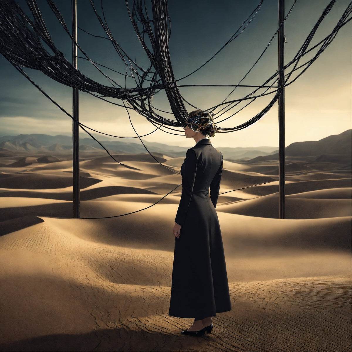 Desert portrait artwork print with a woman in a long dark dress under black wire arches