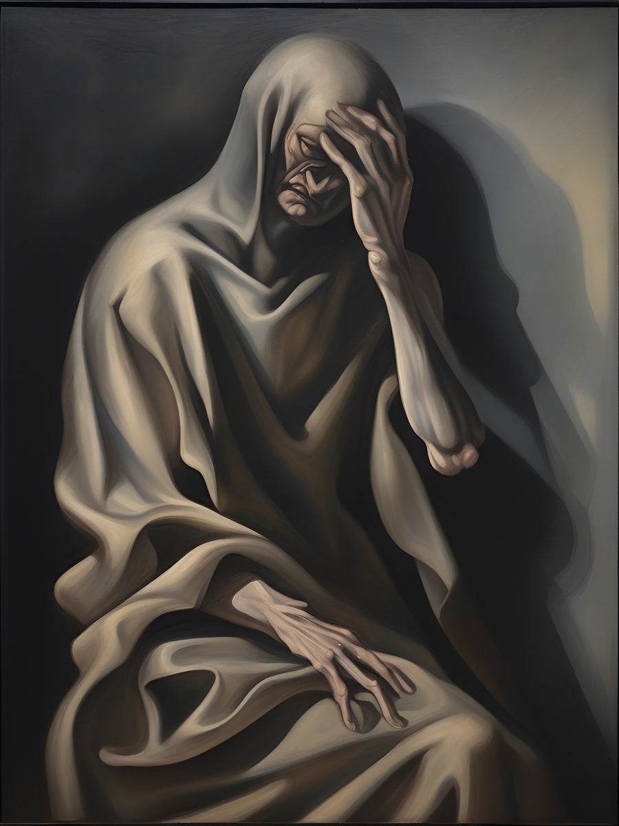 Close-up figurative wall art of a draped figure with hands covering the face, beige on dark