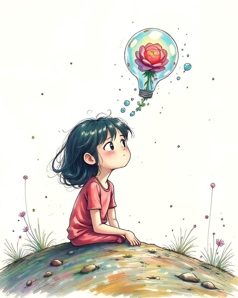 Illustrated wall art showing a girl in red on a grassy hill with a rose balloon above