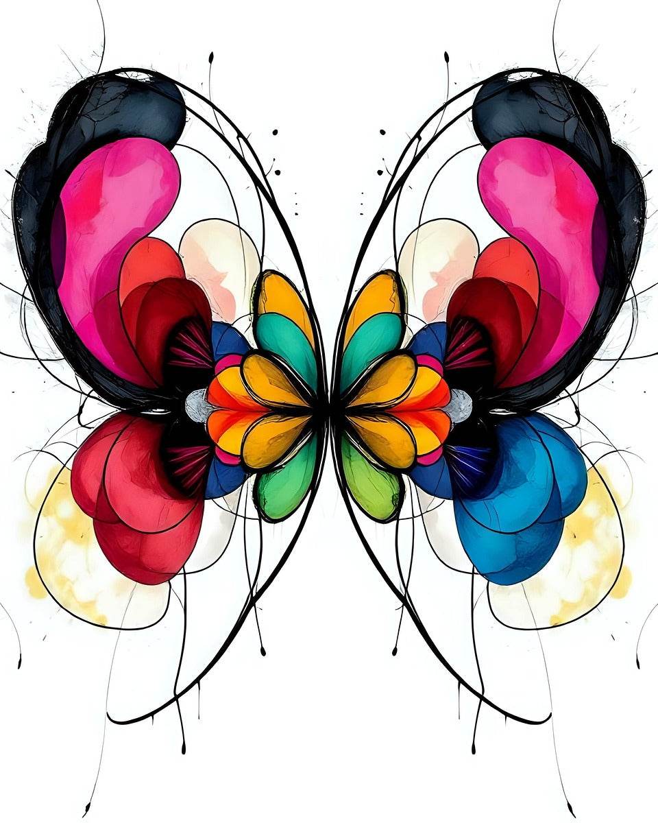 Close-up abstract butterfly with symmetrical pink and blue wings, red highlights, and yellow center.