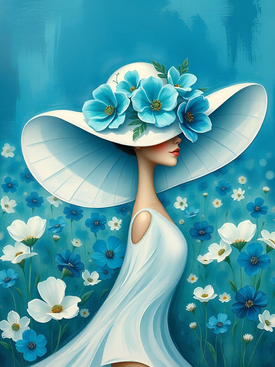 Floral portrait artwork of woman in white dress and broad hat amid blue flowers