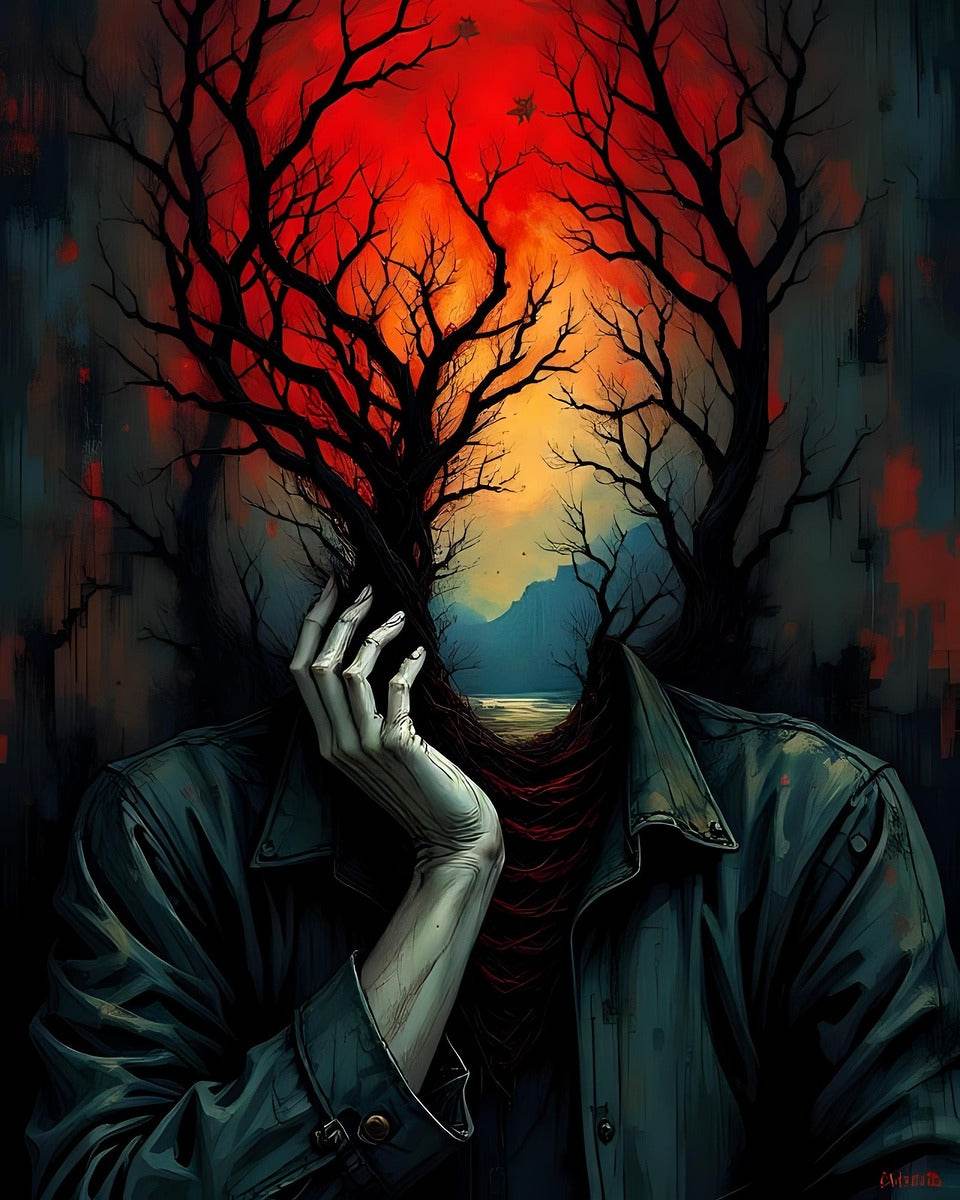 Surreal portrait artwork of a figure with tree branches from the head and a sunset glow