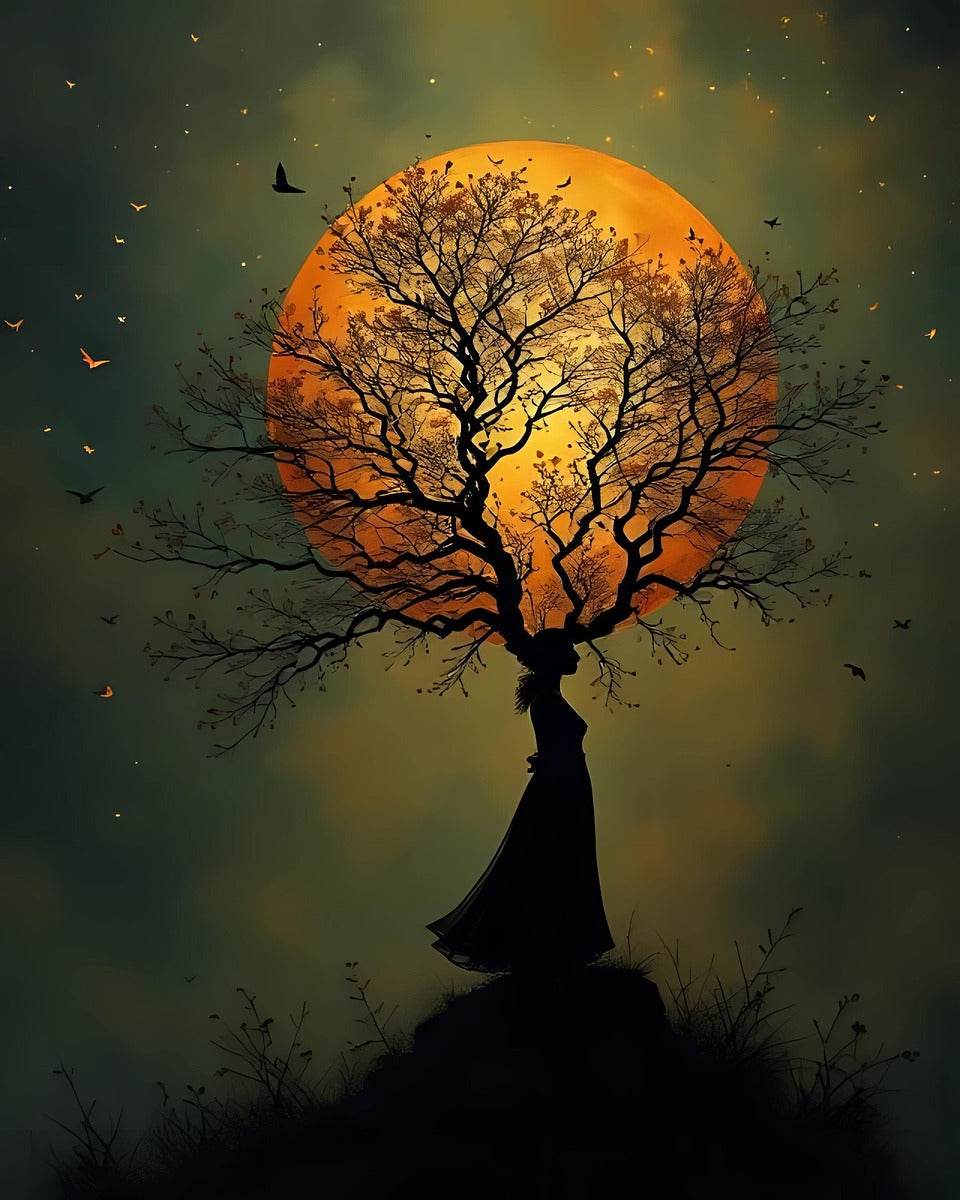 Orange moon silhouette artwork with tree branches, dark figure, and scattered birds