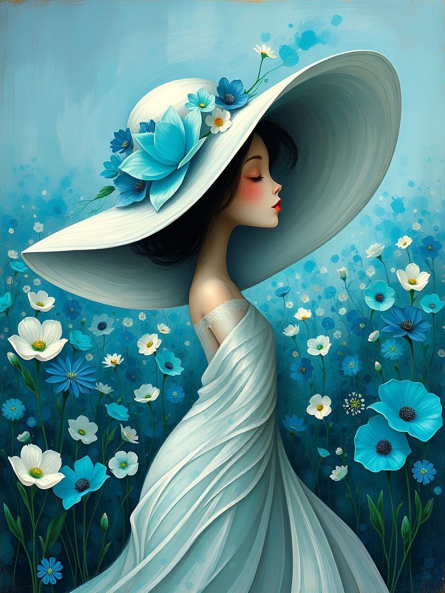 Floral portrait canvas print of a woman in a pale blue dress and wide hat, with blue flowers