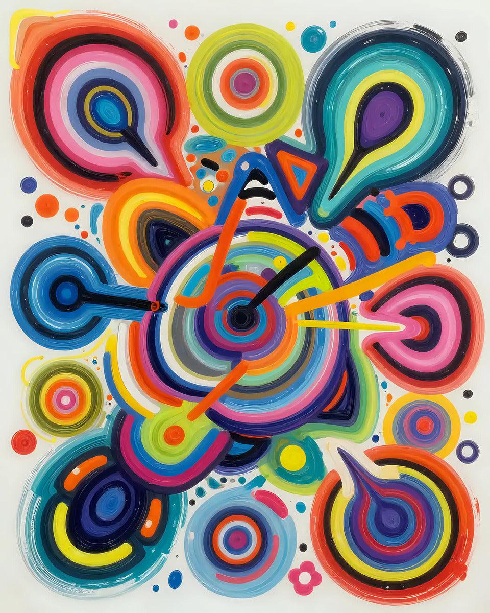 Abstract circular pattern art print with multicolor swirls and dots