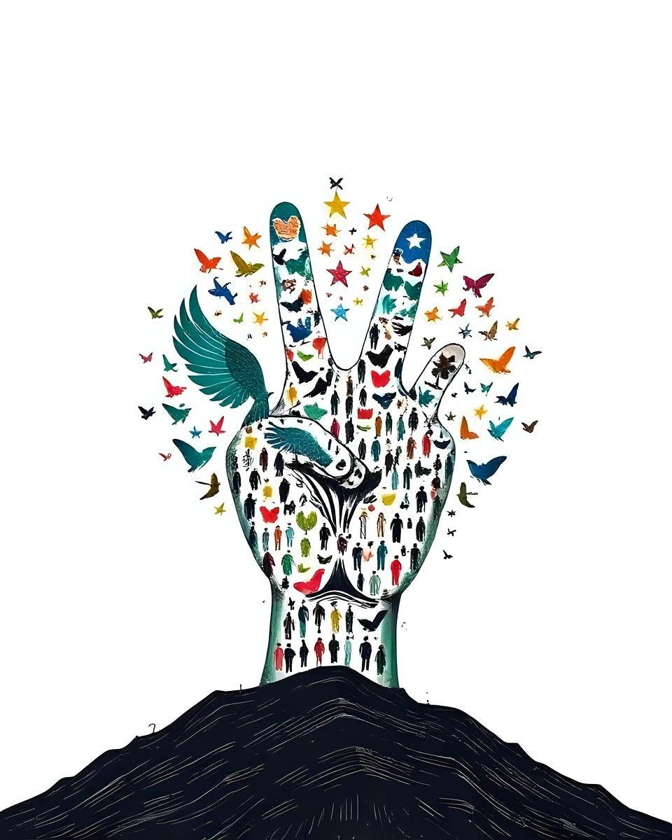 Multicolored hand wall art with butterflies and stars over dark hill