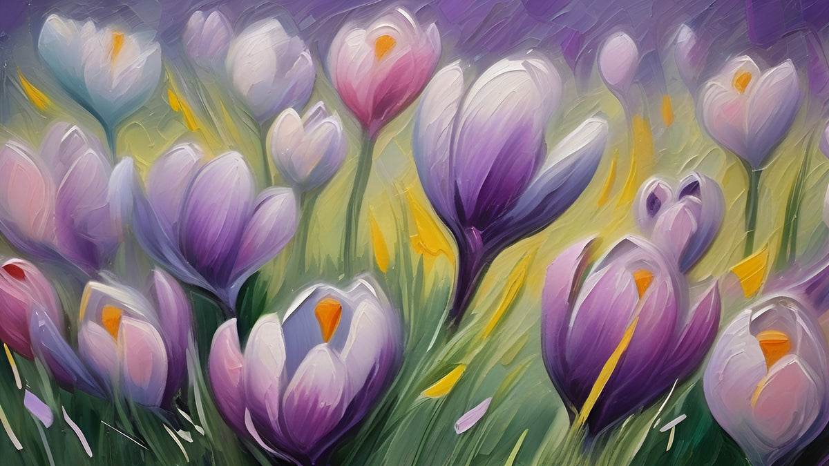 Impressionist tulip bouquet wall art with purple, lavender and pink blooms