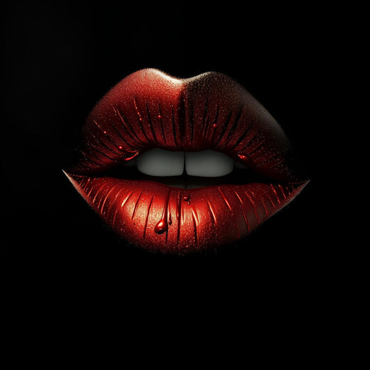 Close-up red metallic lips artwork on black background with glossy highlights and lip lines