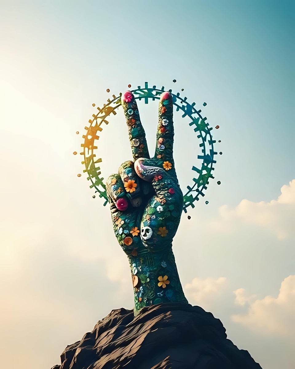 Floral peace-hand artwork featuring circular peace symbols above a dark dress