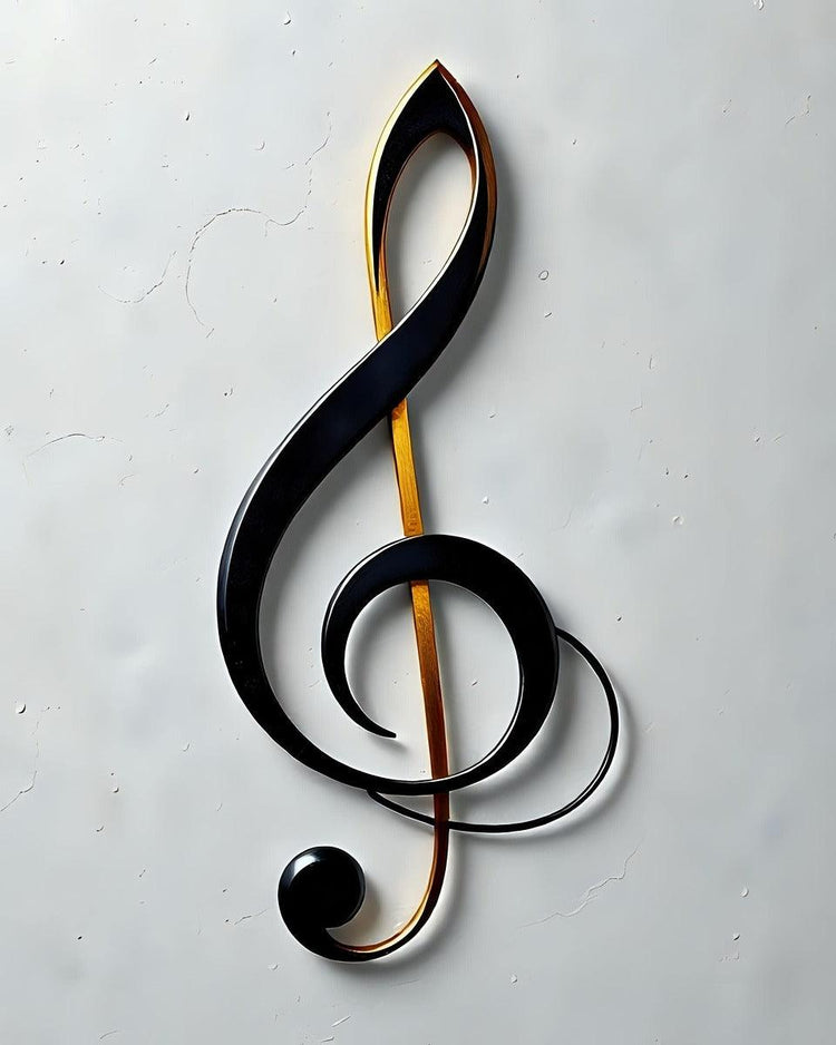 Treble clef artwork featuring black loops with gold highlights and a small round note