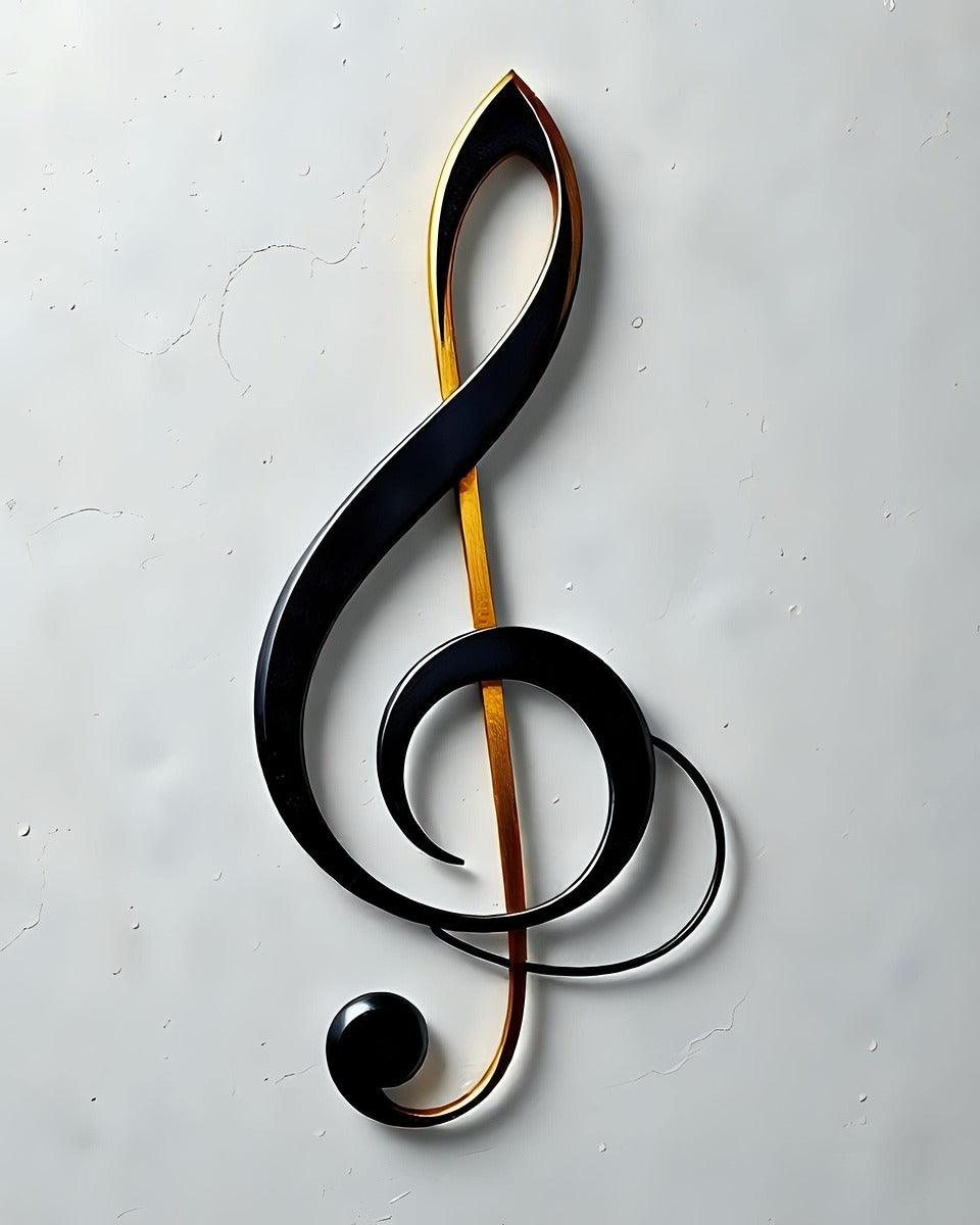 Treble clef wall art close-up with black curls, gold vertical accent, and round note