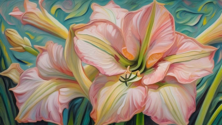 Close floral artwork of a pink lily blossom with yellow-green highlights on teal