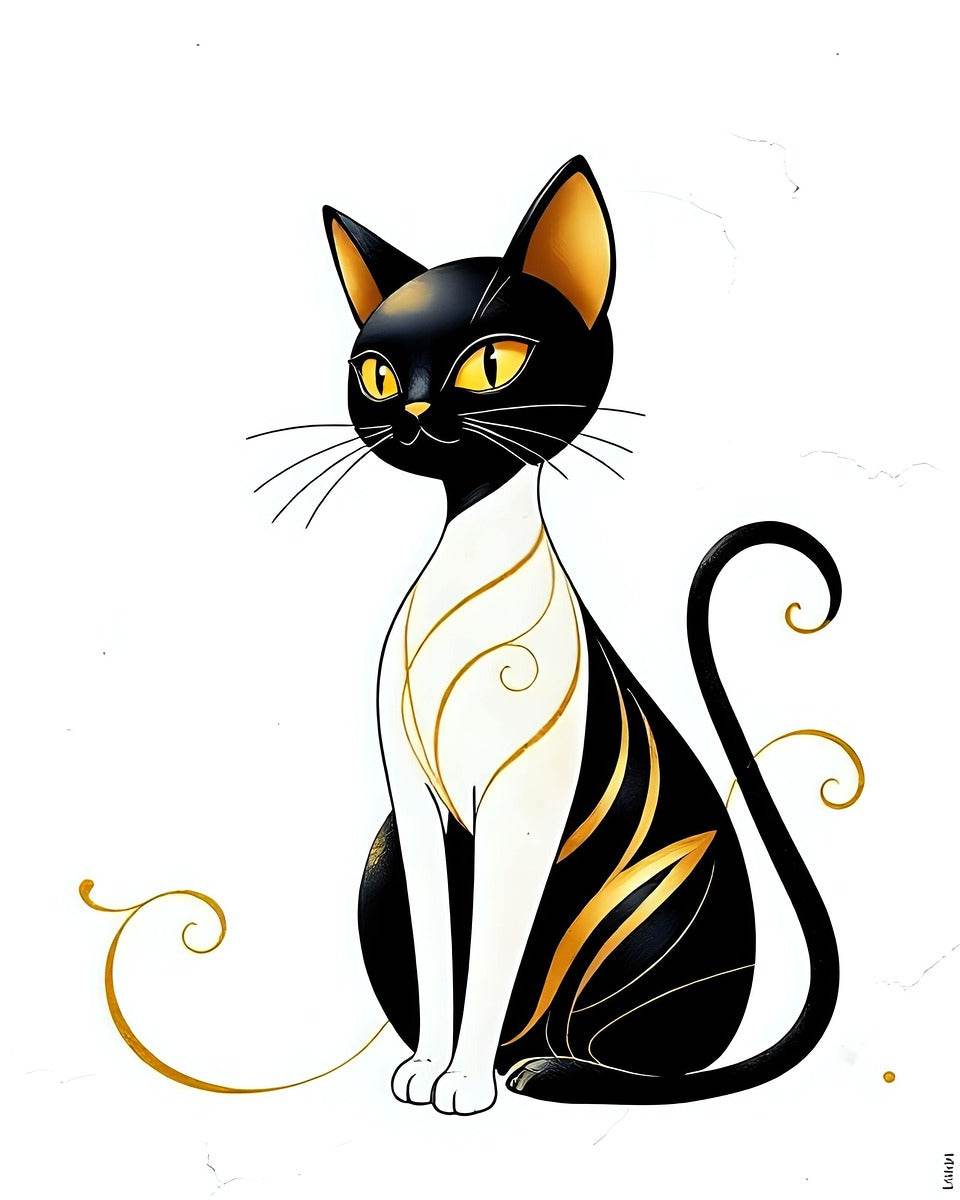 Black cat illustration with gold highlights, yellow eyes, and decorative swirls on white