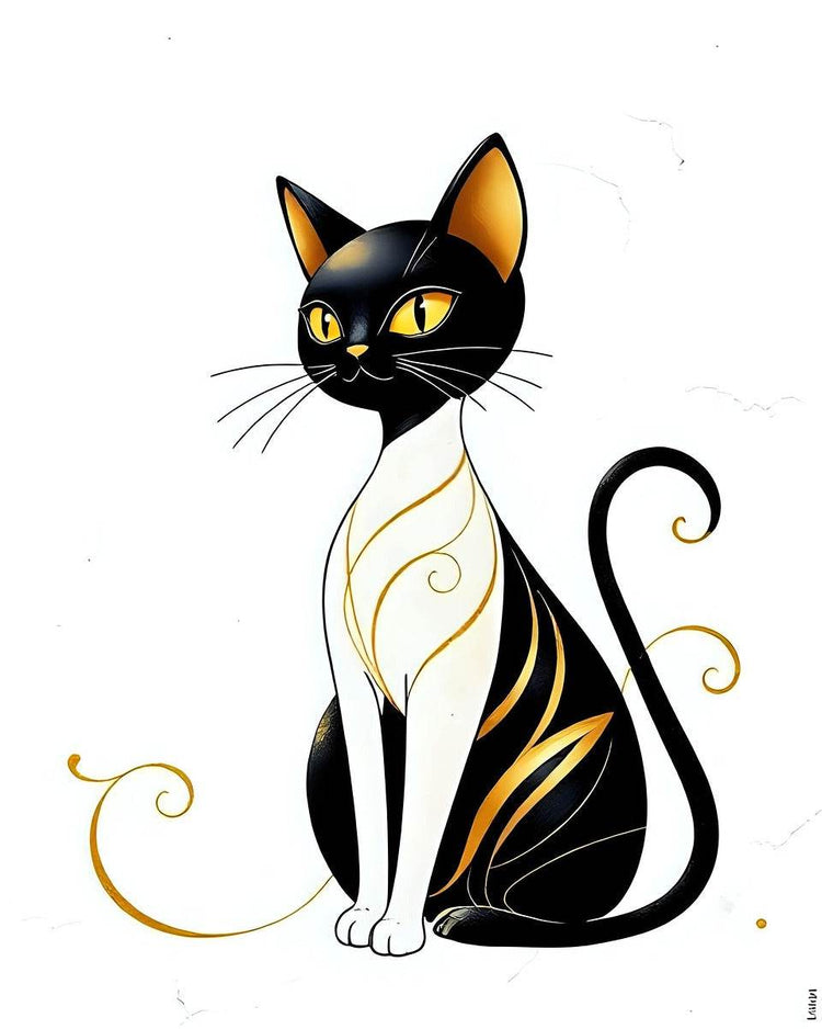 Black cat illustration with gold highlights, yellow eyes, and decorative swirls on white