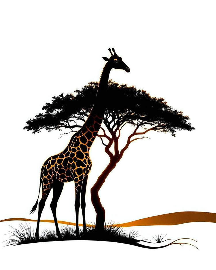 Stylized giraffe wall art with black tree canopy and orange ground stripe