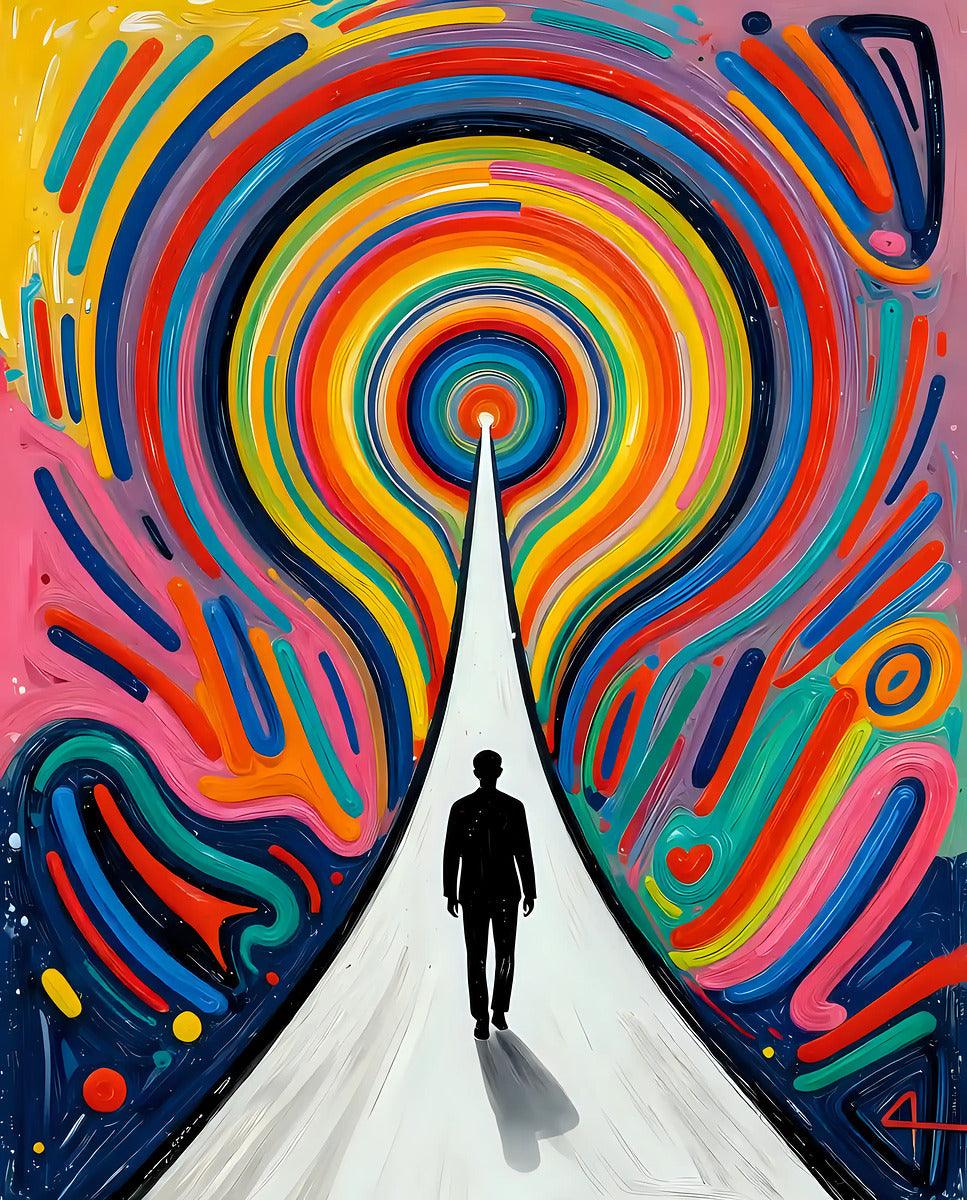 Rainbow vortex art with bright ring tunnel, silhouette figure, and white path