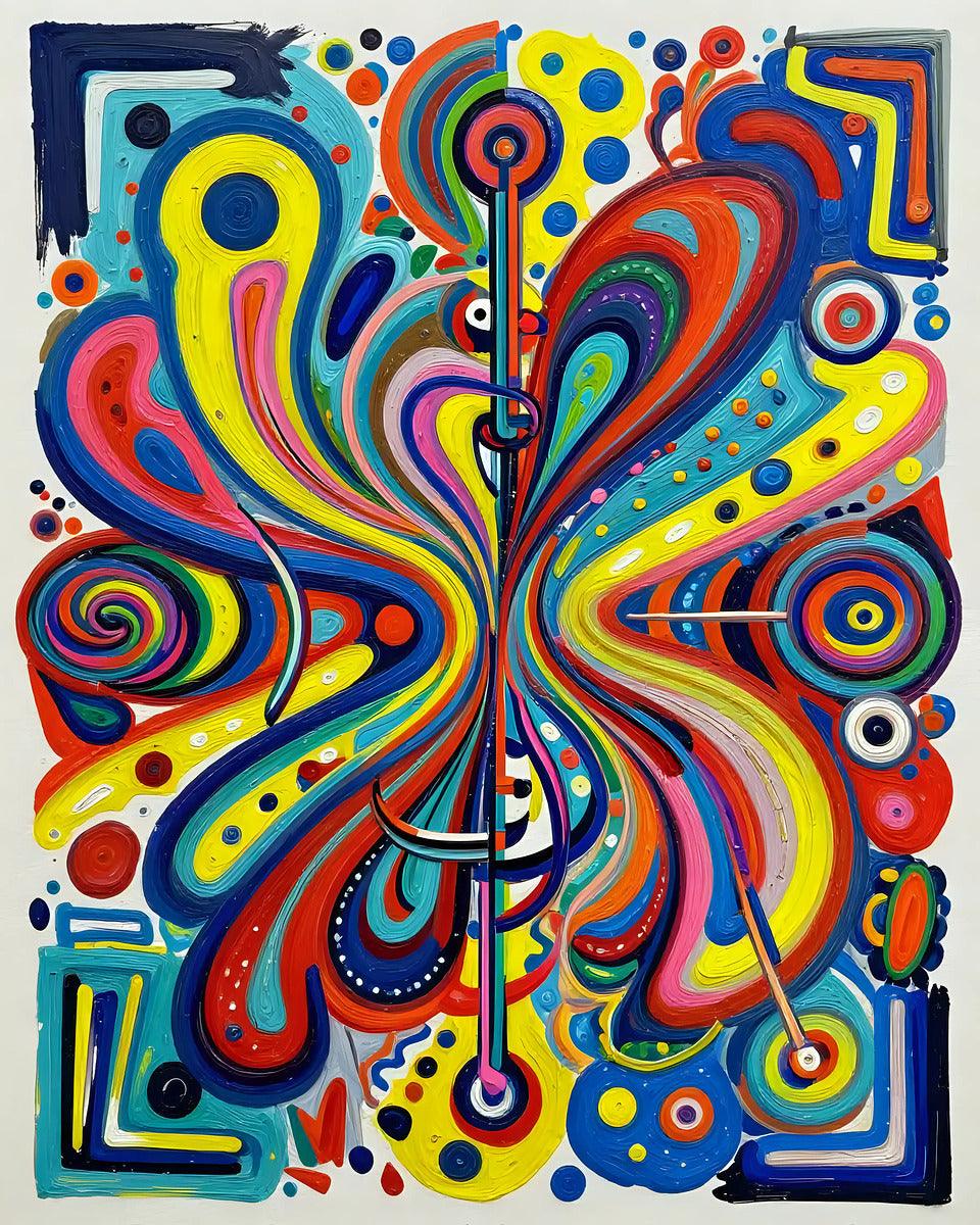 Abstract colorful swirl and circle wall art with ribbon-like lines and dots