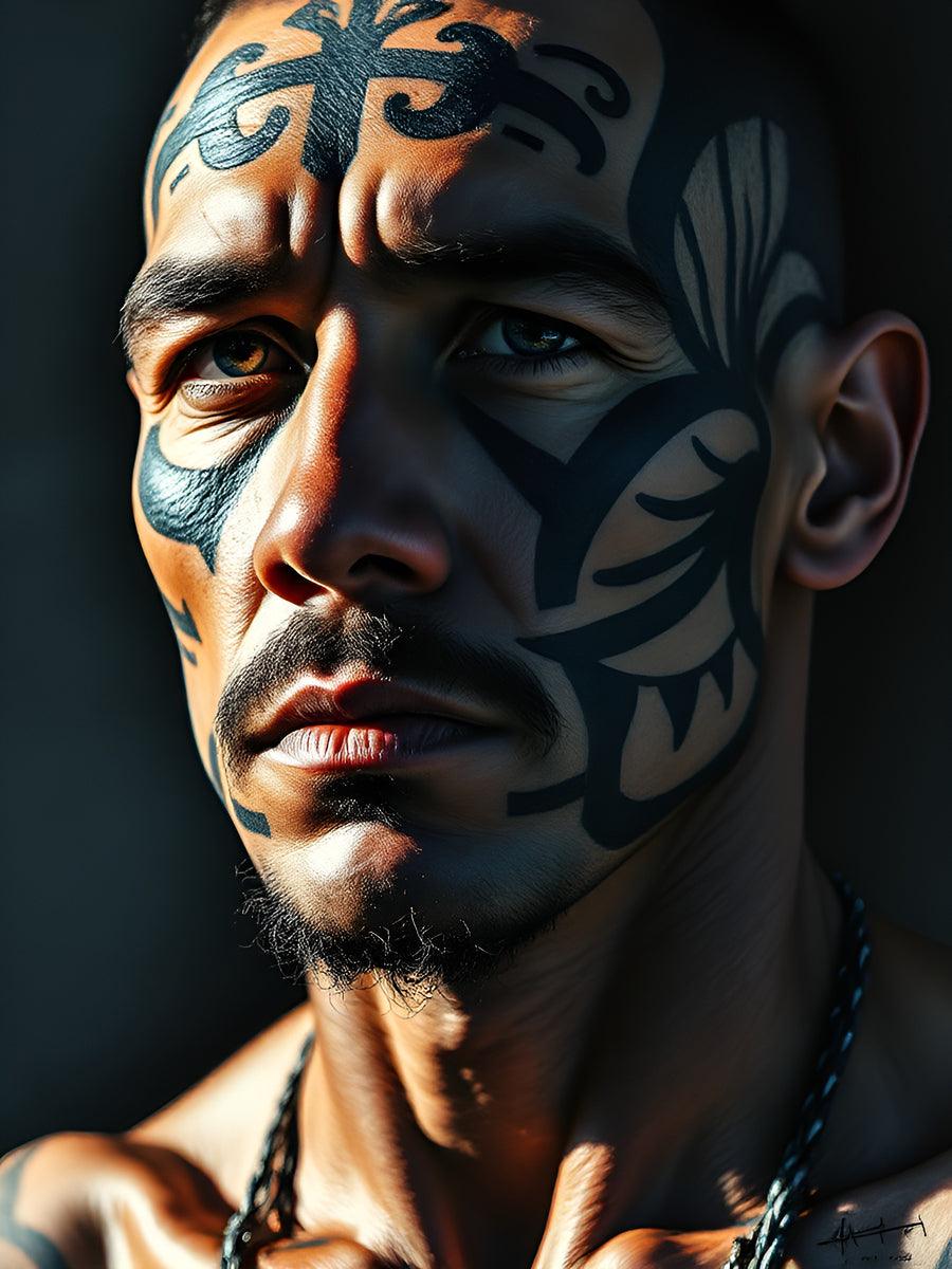 Tribal portrait wall art close-up of a man’s face with blue and dark body paint