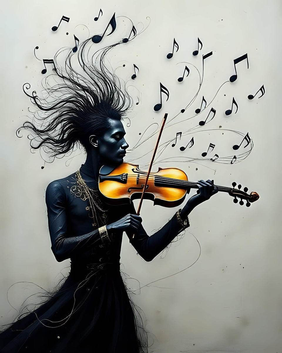 Wall art illustration of a dark violinist woman playing violin with music notes