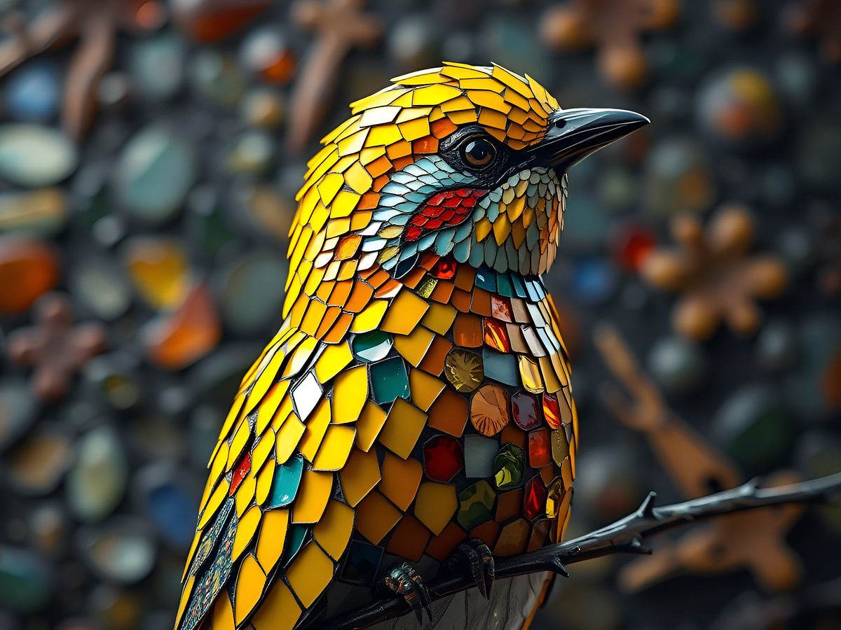 Colorful mosaic bird portrait print with yellow head, teal wings, and multicolor tile feathers