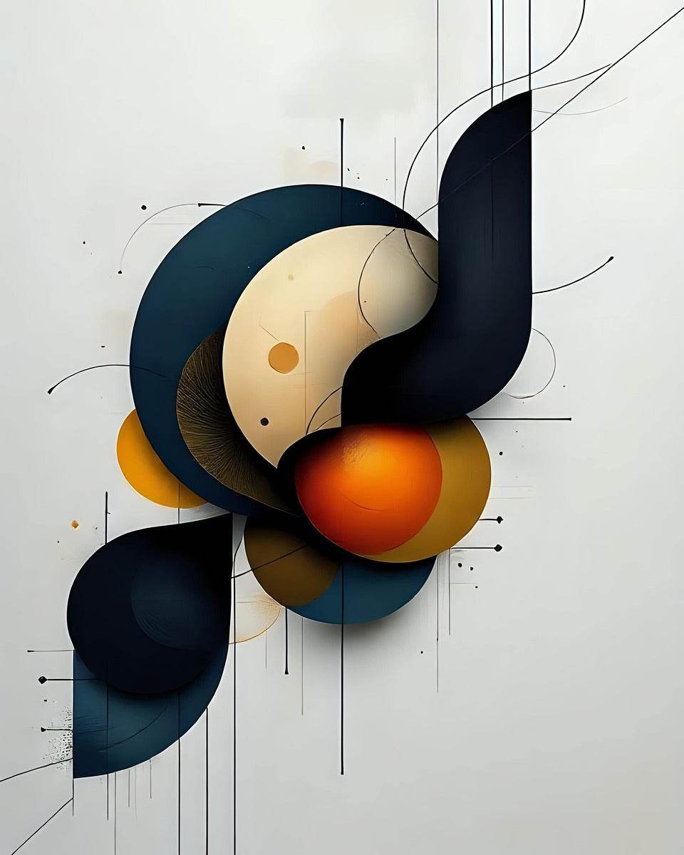 Abstract geometric wall art with dark navy curves, cream face-like oval, and orange sphere, minimal lines