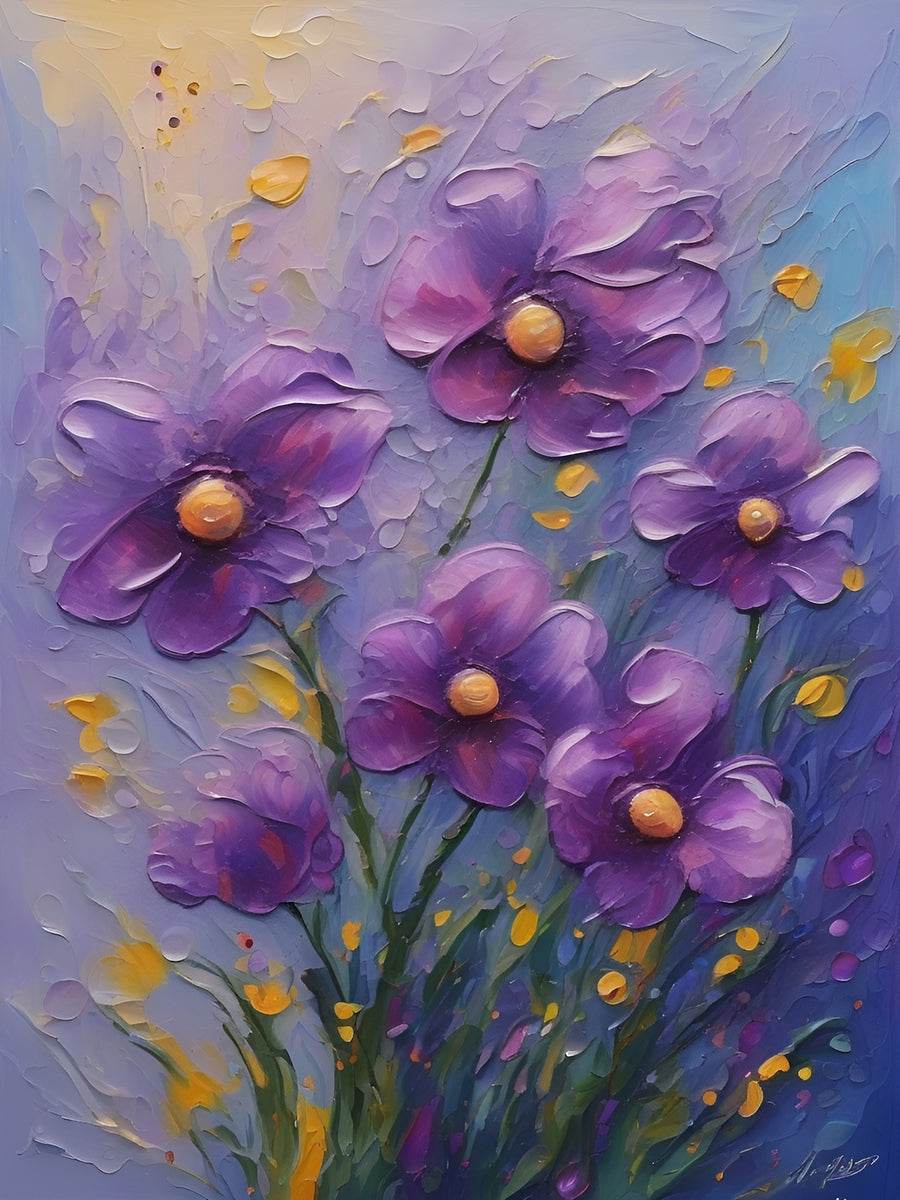 Close-up purple floral canvas print with gold accents and raised 3D paint.