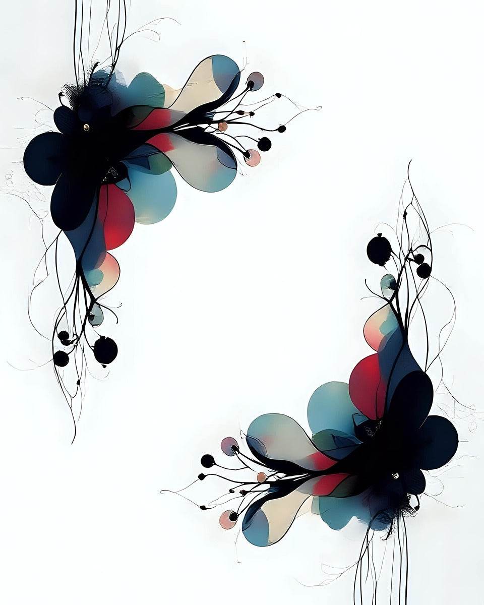 Abstract floral wall art with black blossoms, teal and red petals, and looping ink lines.
