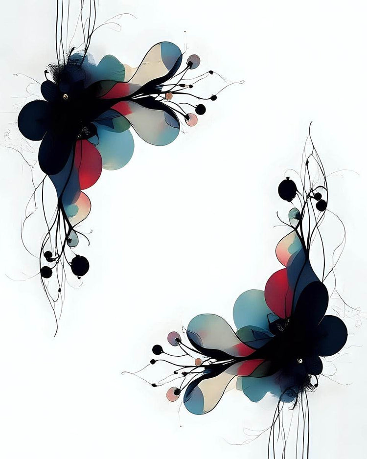 Abstract floral wall art with black blossoms over teal and red petals, plus airy vertical linework.
