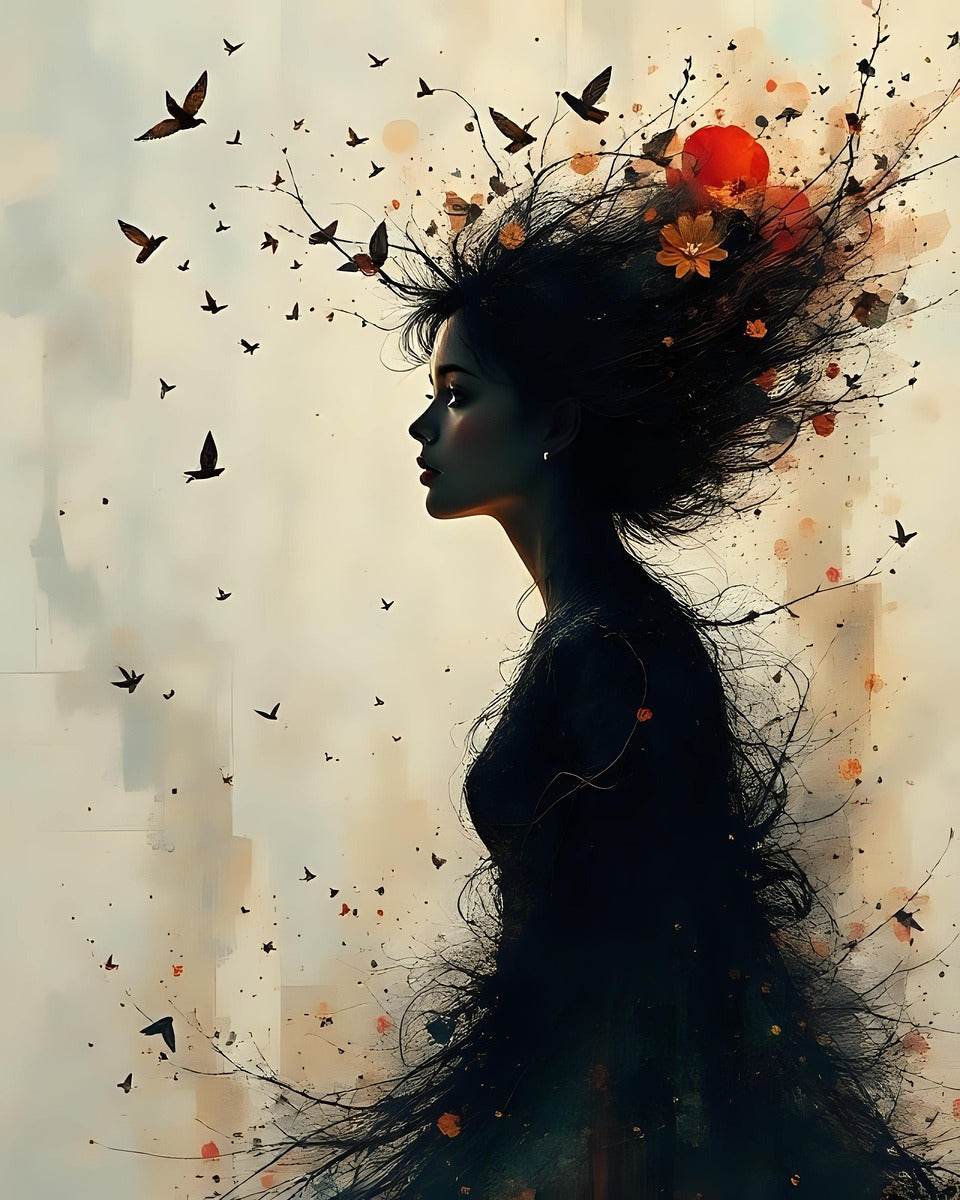Large wall art view of a side-profile woman silhouette with birds and red-orange accents