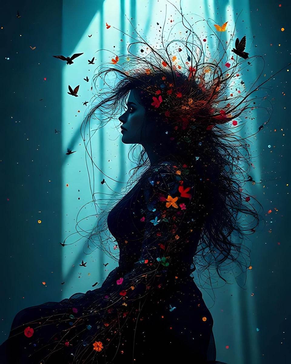 Close-up artwork print showing a black woman profile with butterfly swarms around her hair