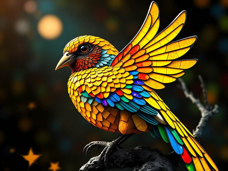 Stained-glass style bird portrait art, vivid yellow wings and blue body mosaic