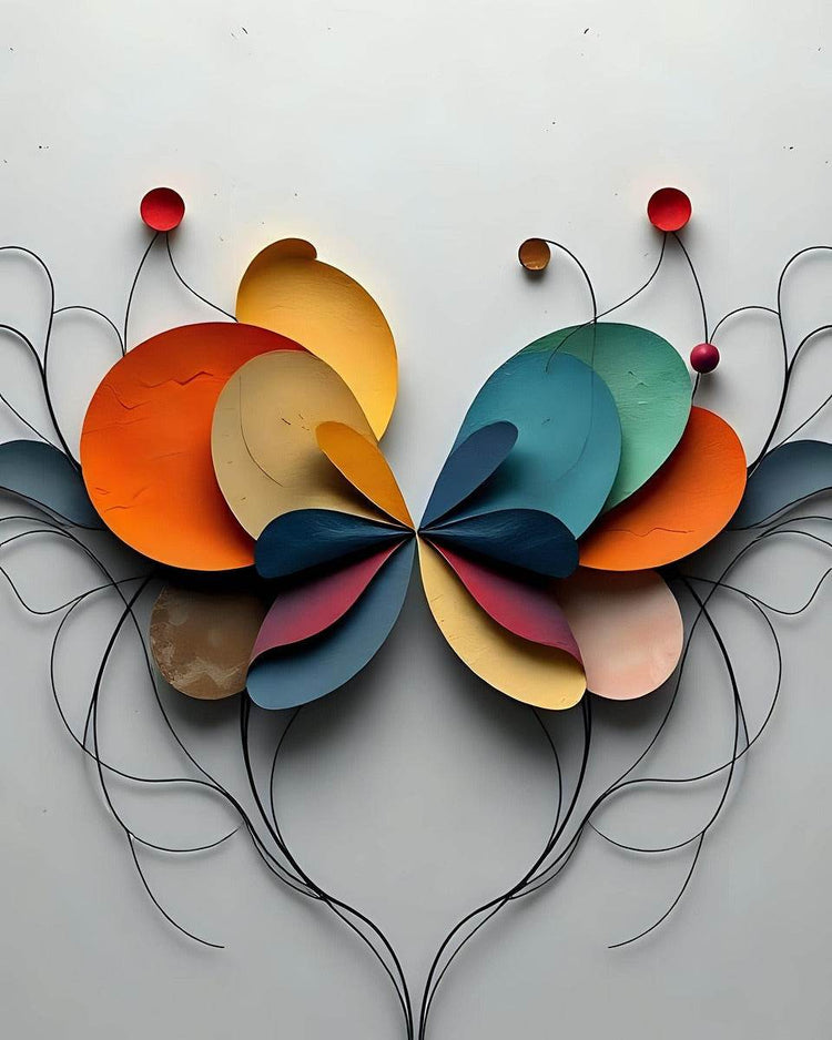 Dimensional abstract floral wall art with red-top blooms, orange and blue petals, and black vine wires