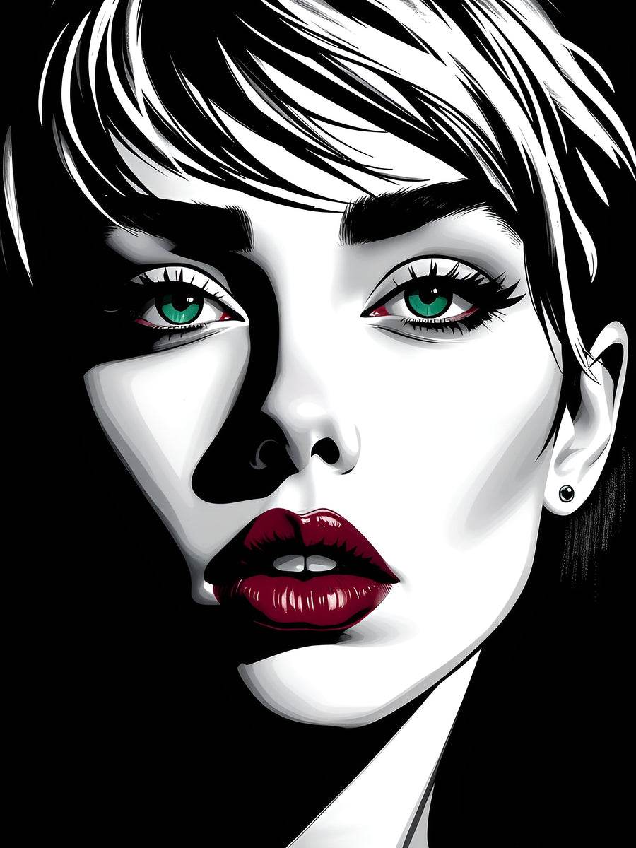 Graphic portrait print of green-eyed woman, bold monochrome face, red lips, side profile