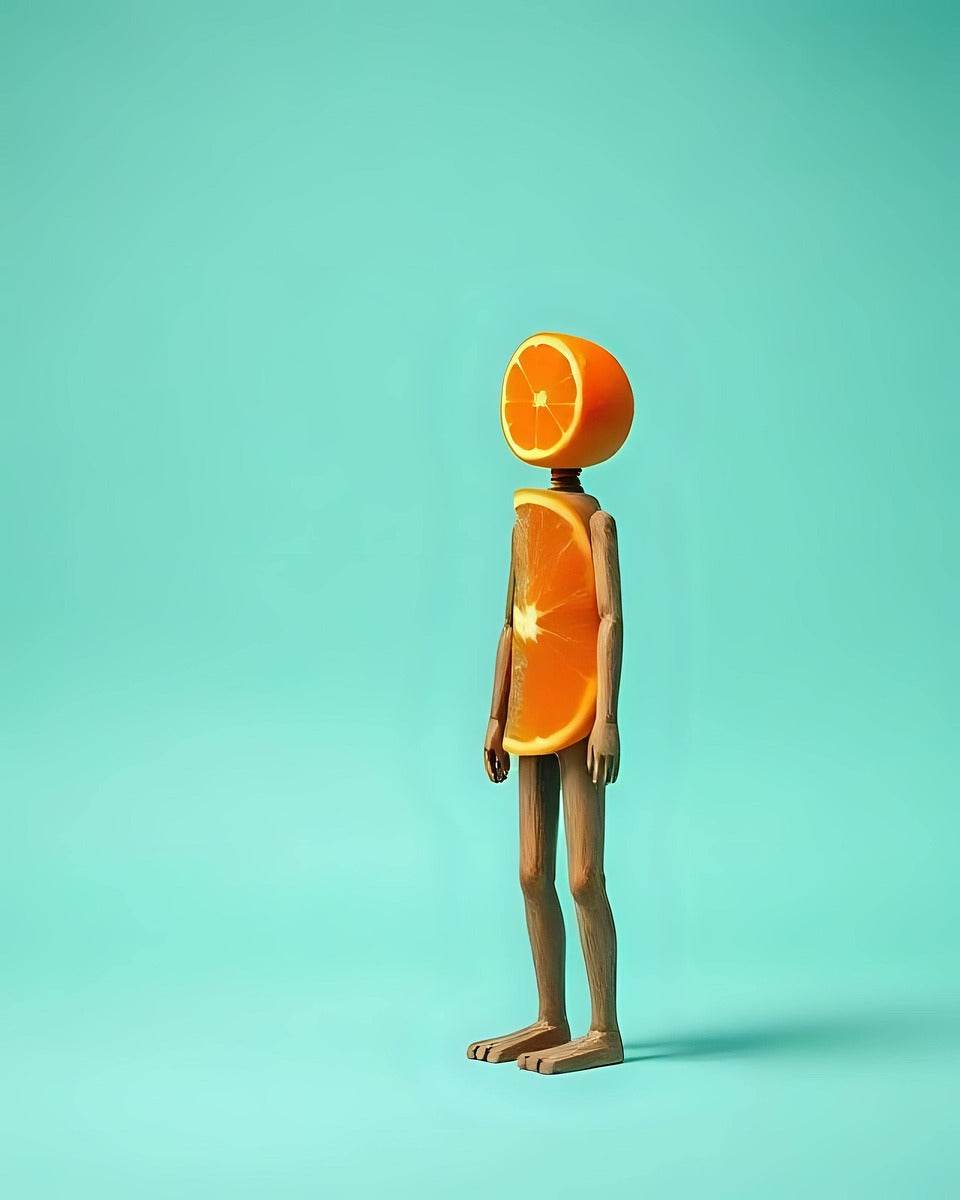 Surreal wall art figure: orange head with fruit-slice detail on turquoise background