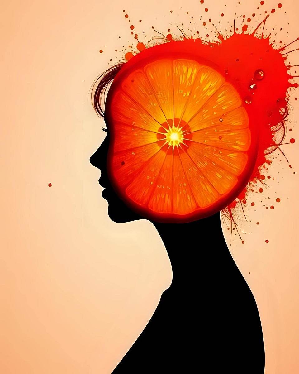 Abstract orange profile portrait artwork with glowing orange head and dark silhouette