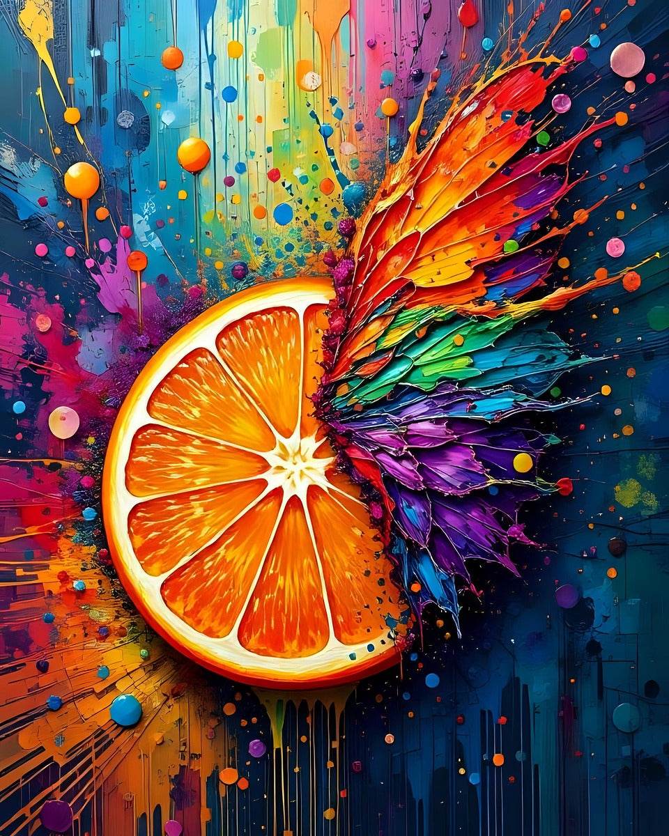 Abstract orange slice artwork with rainbow feathers, paint splashes, and glowing outline