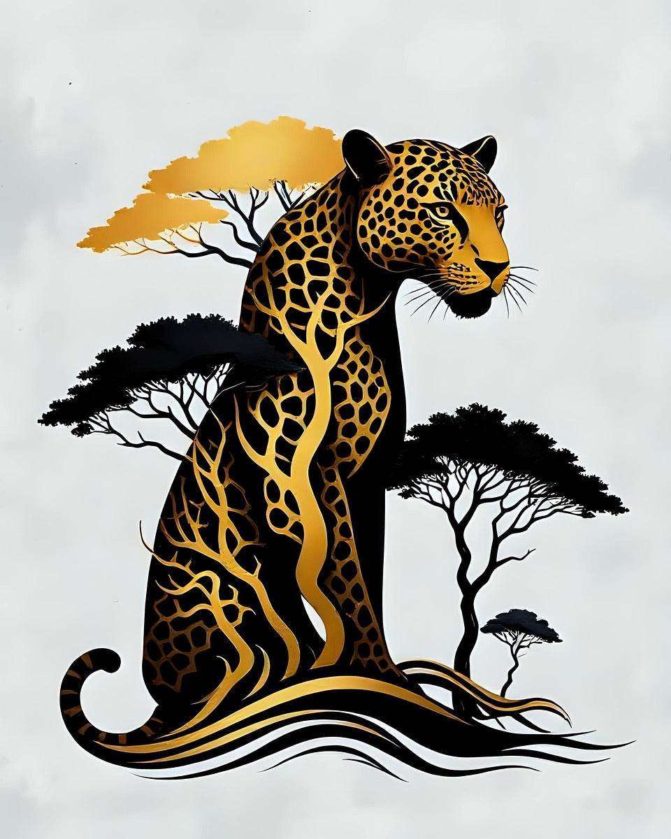 Jaguar art print in profile with gold spots, black tribal trees, and flowing stripes