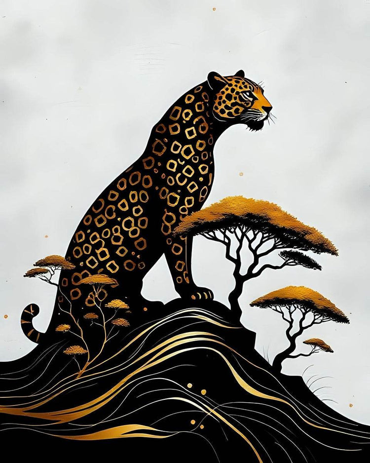 Jaguar illustration on black wavy lines with gold streaks and white tree silhouettes