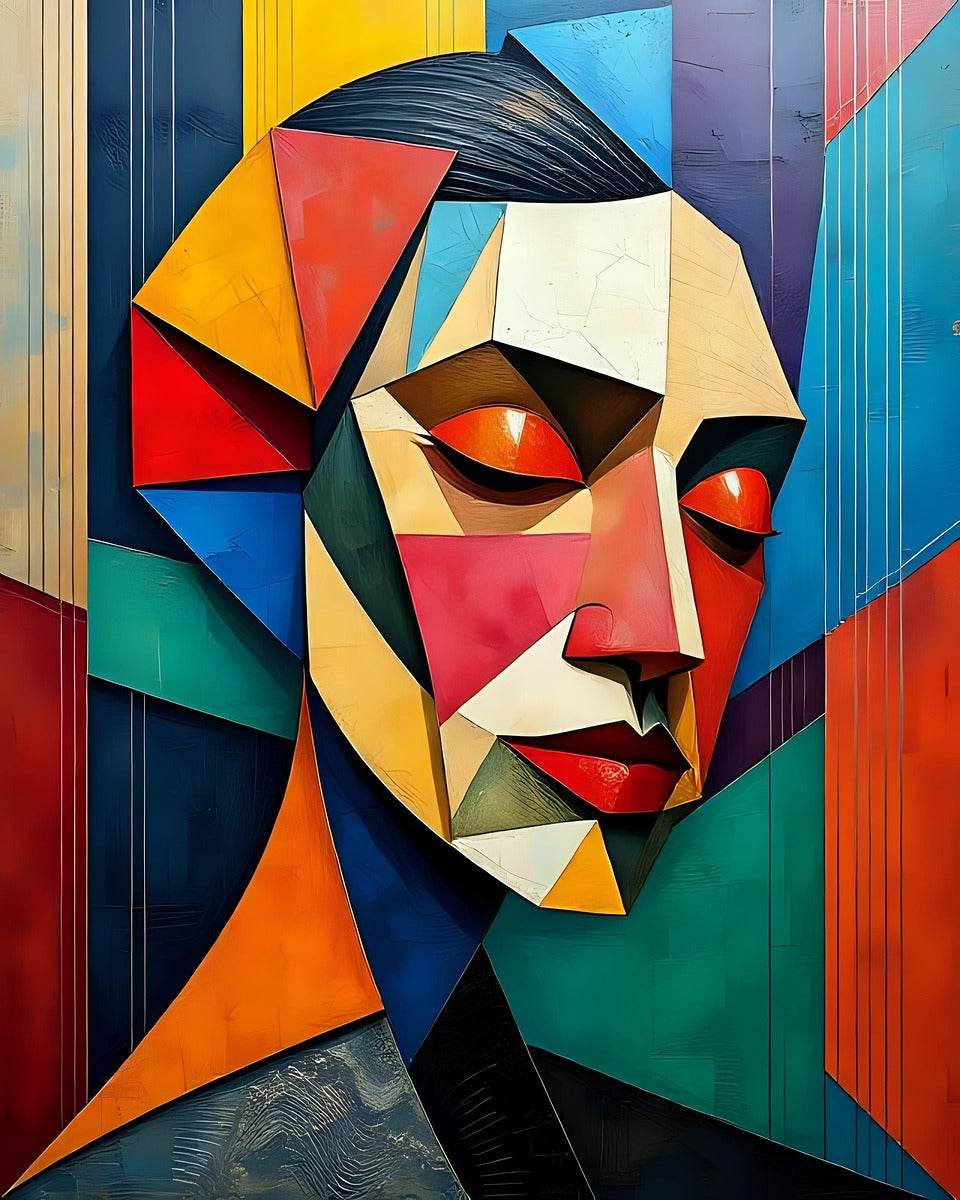 Close-up cubist portrait wall art with geometric face and prominent red lips