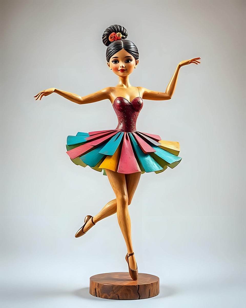 Full ballerina wall print: maroon leotard, multicolor tutu, standing on wood round base.