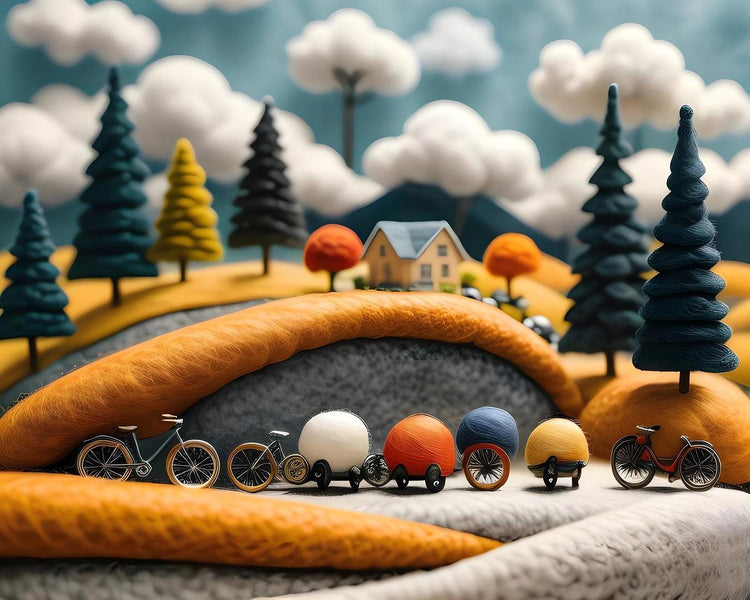 Colorful yarn-style bicycle scene art print with bikes, yarn hill tunnel, and pine trees