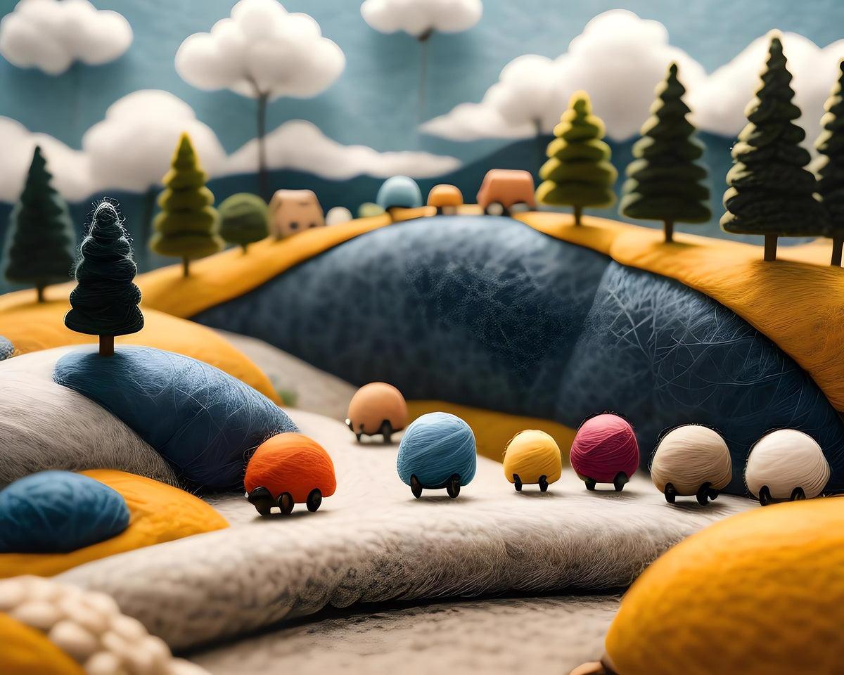 Close-up countryside sheep toy cars print with blue valley, trees, and wool cars