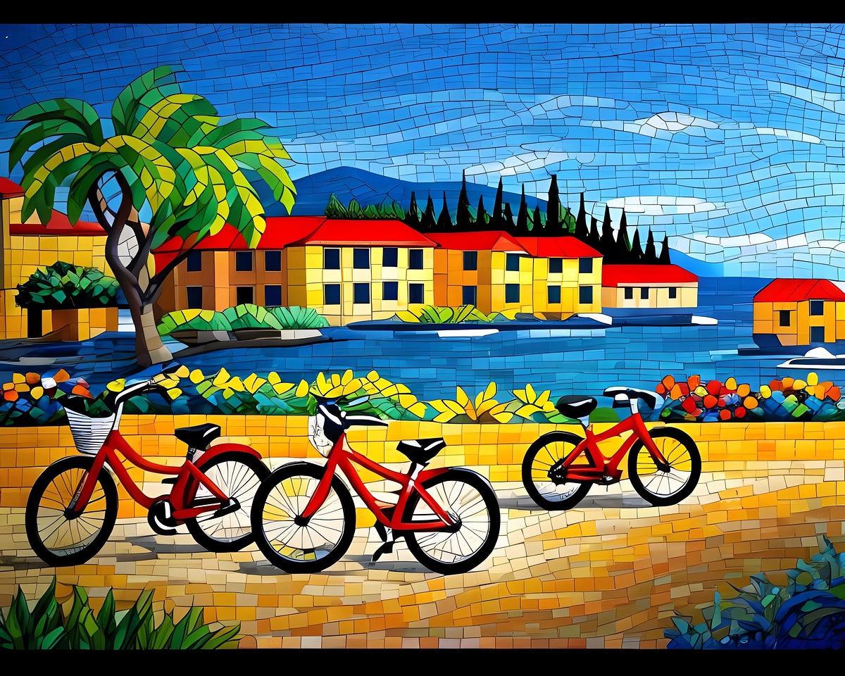 Bicycle mosaic wall art print close-up with red bikes, palm tree, and seaside houses