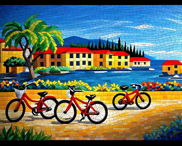Bicycle mosaic wall art print close-up with red bikes, palm tree, and seaside houses