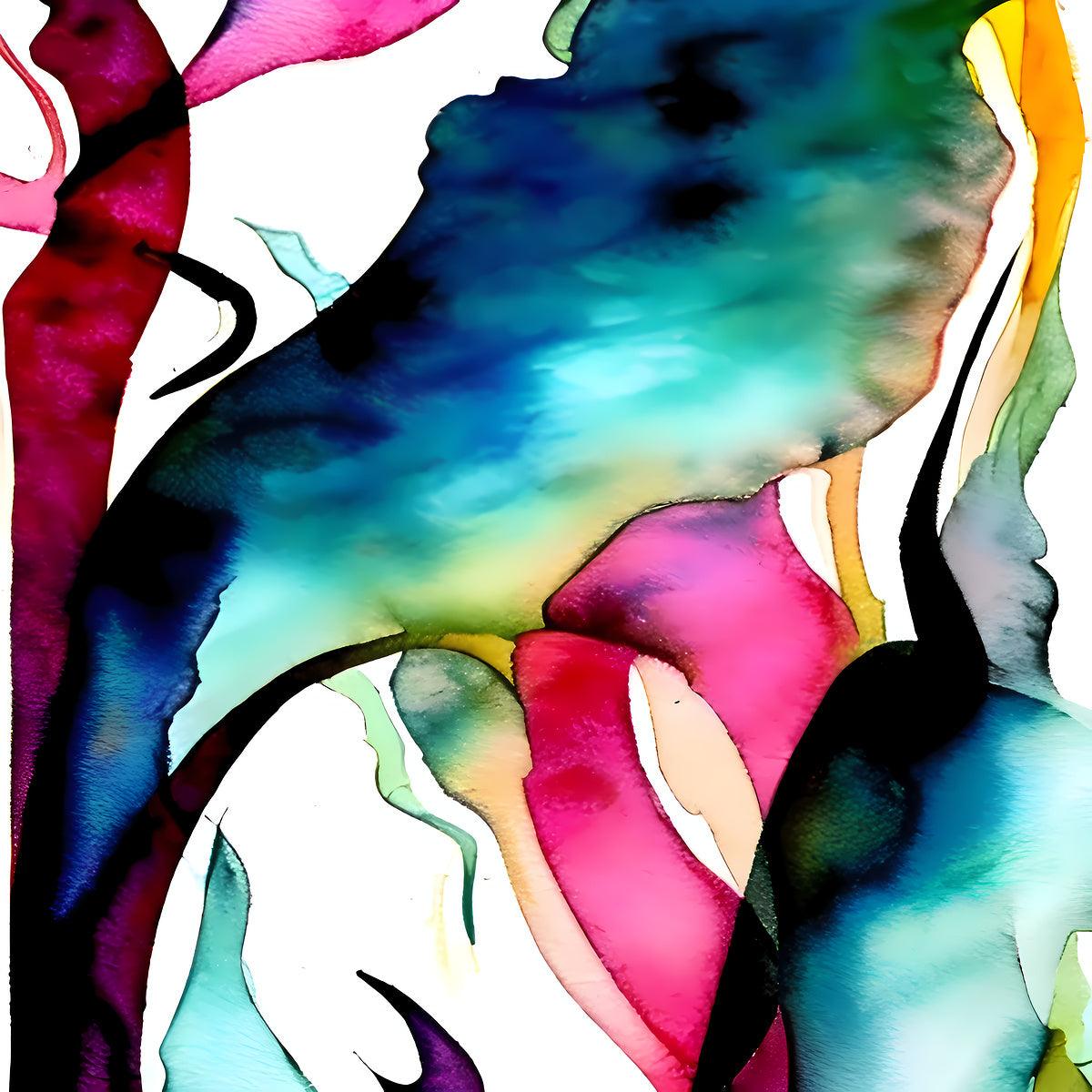 Abstract fluid wall art with teal, blue, green, magenta, and yellow accents