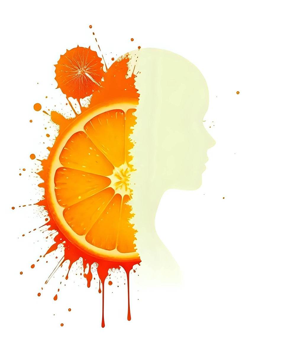 Close-up abstract portrait with orange citrus slices and pale yellow face profile