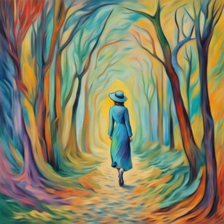 Forest landscape close-up showing a woman in blue dress and hat walking down a glowing path