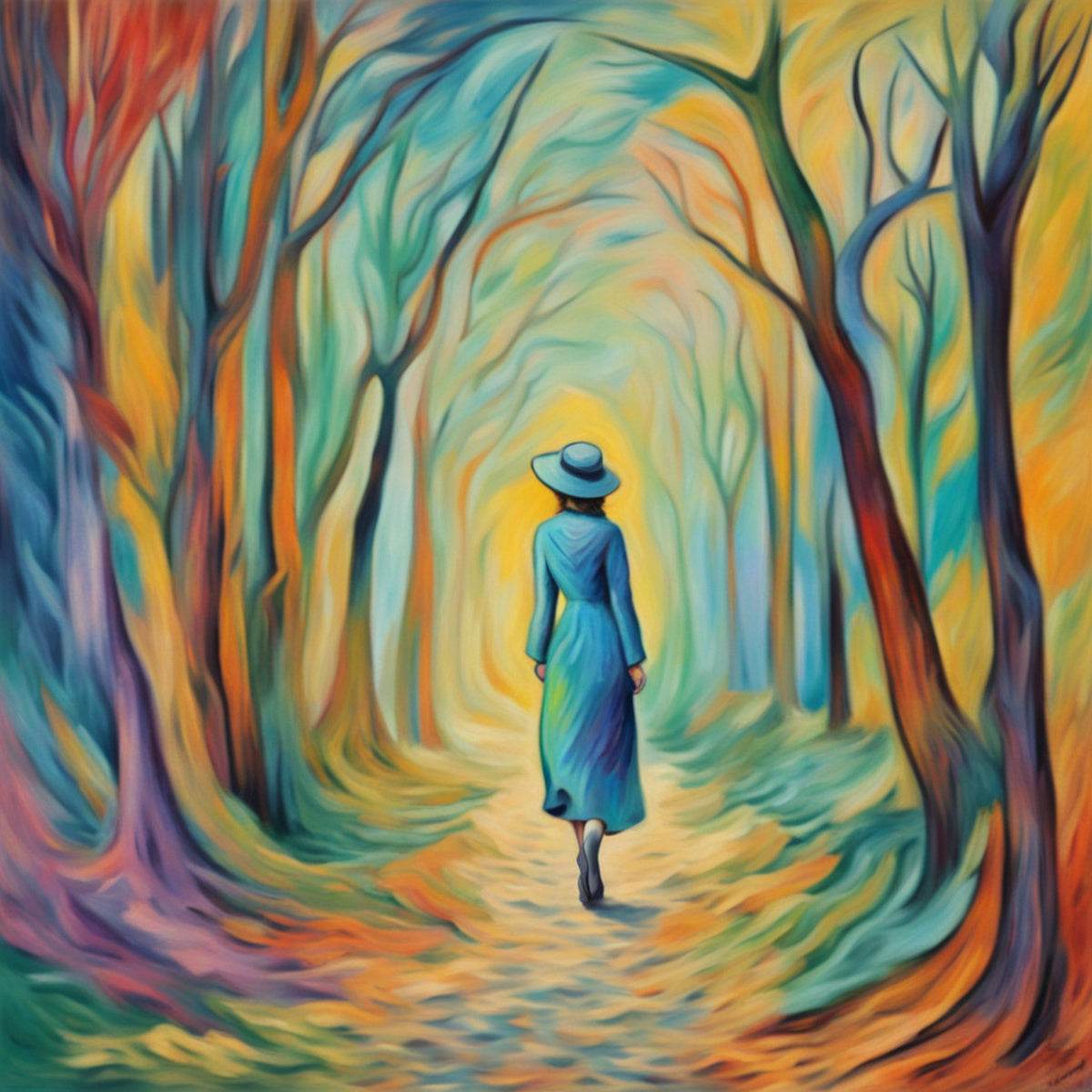 Close-up forest landscape print of a woman in a blue dress and hat walking through swirling trees